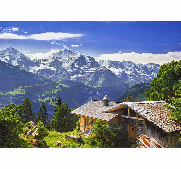 Store enrouleur salon montagnes enneigées et champ vert - TenStickers