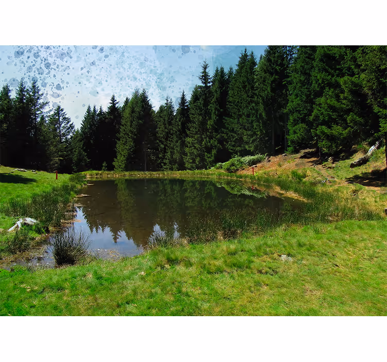 Store enrouleur salon champ vert avec arbres et lac - TenStickers