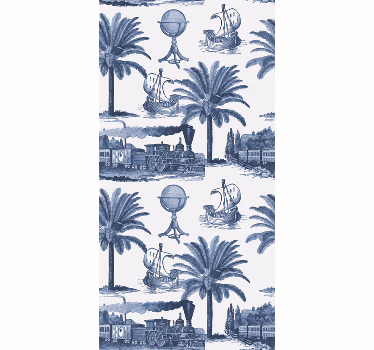 Store à enrouleur vintage palmiers et trains bleus - TenStickers