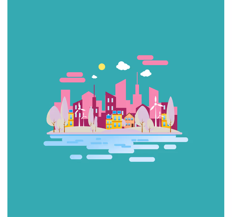 Store enrouleur pour chambre enfant ville rose avec mer - TenStickers