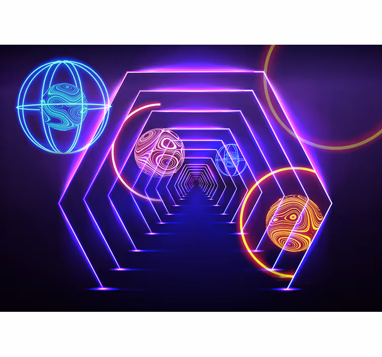 Tapisserie 3D vue sur le tunnel hexagonal au néon - TenStickers