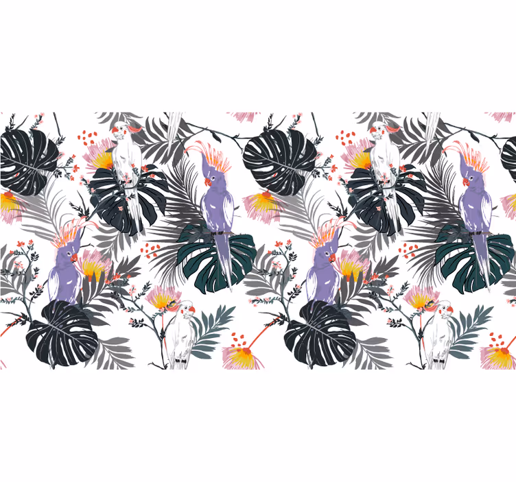 Tapisserie jungle perroquets rouges et violets sur feuilles - TenStickers