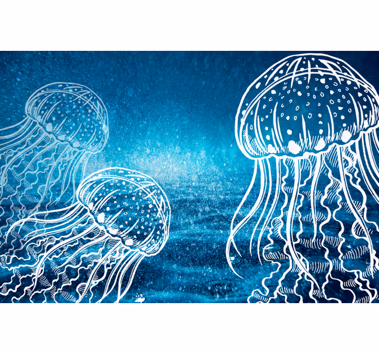 Tapisserie bleu créatures marines méduse bleu et blanc - TenStickers