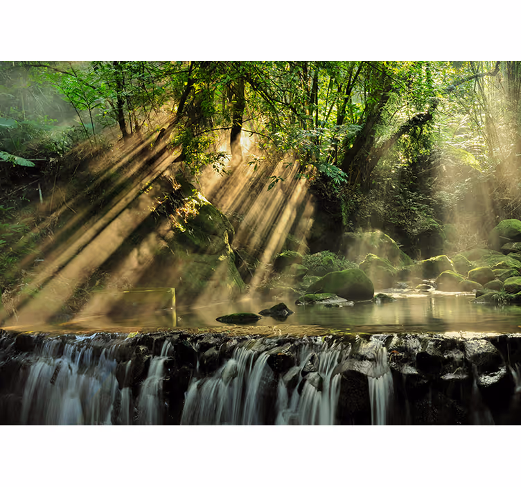 Tapisserie vert cascade de forêt ensoleillée - TenStickers