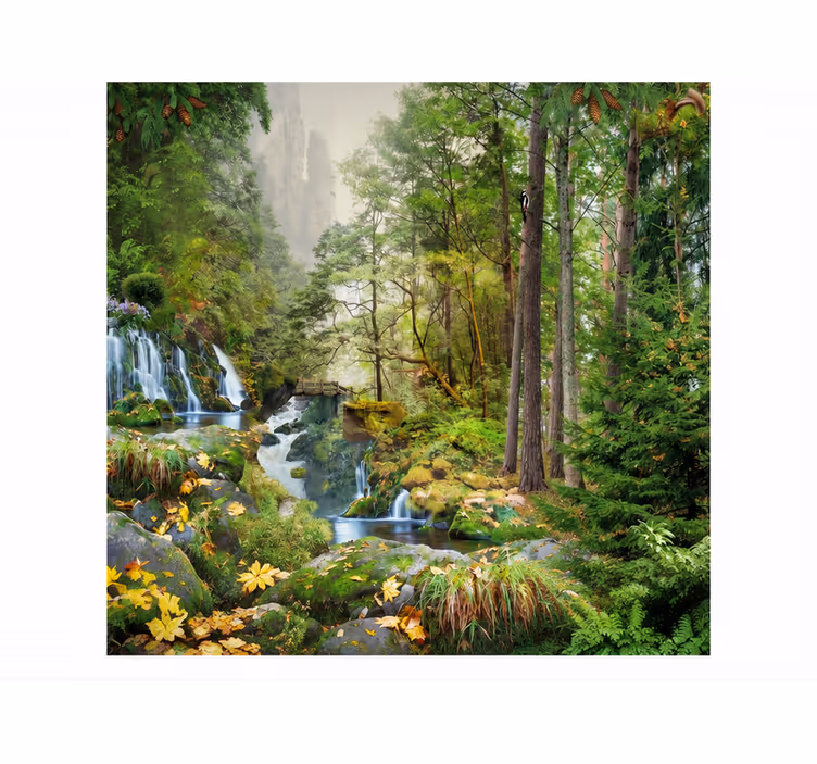 Tapisserie nature lac de forêt avec cascade - TenStickers