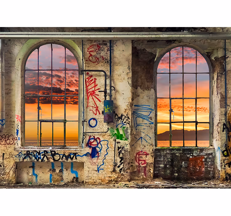 Tapisserie 3D vue urbaine sur le coucher du soleil - TenStickers