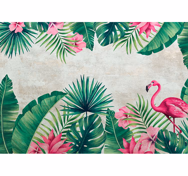 Papier peint nature Flamants roses et palmiers - TenStickers
