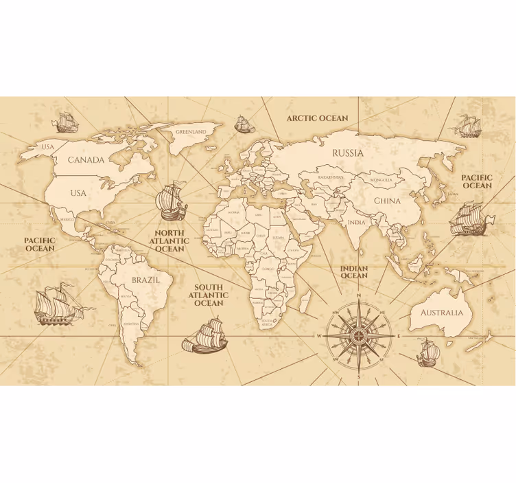 Tapisserie murale rétro carte du monde sépia - TenStickers
