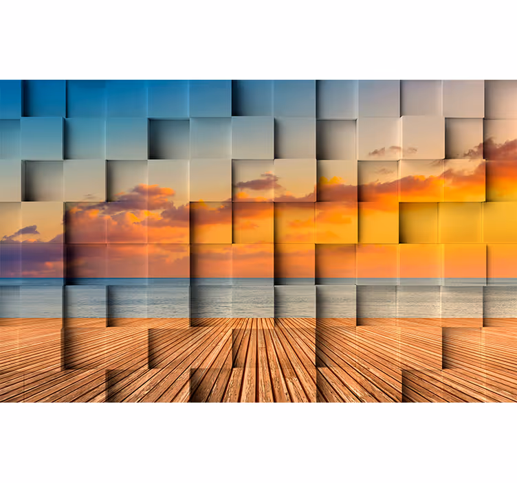 Tapisserie 3d vue sur l'océan au coucher de soleil - TenStickers