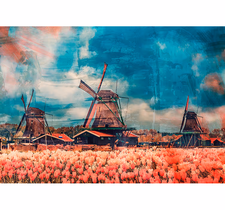 Tapisserie villes et pays champs de tulipes et moulins - TenStickers