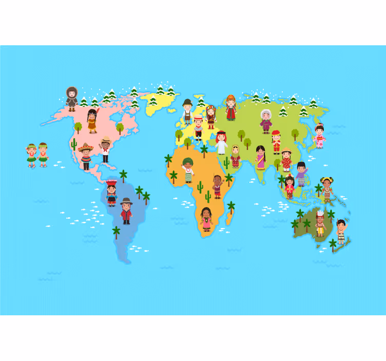 Papier peint mural carte du monde Personnages enfants - TenStickers