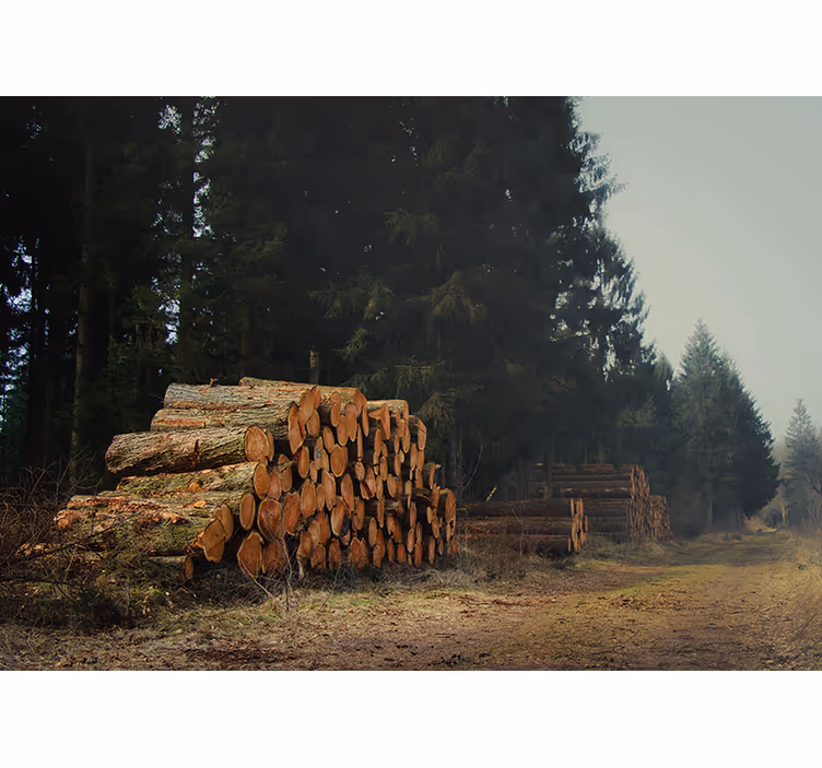 Tapisserie forêt empilements de bois en forêt - TenStickers