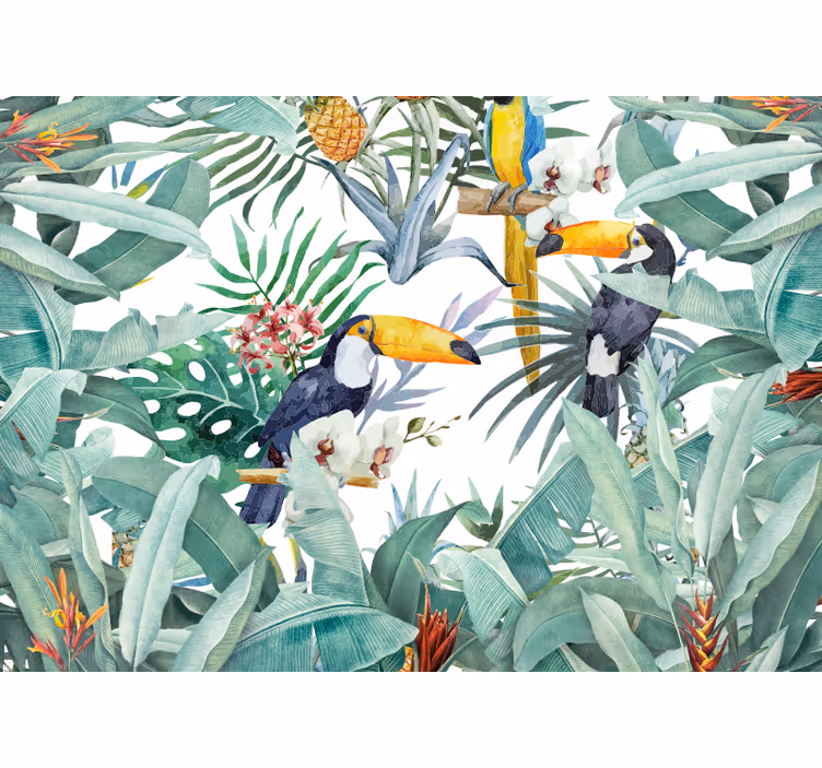 Papier peint mural forets Jungle peinte avec des oiseaux - TenStickers