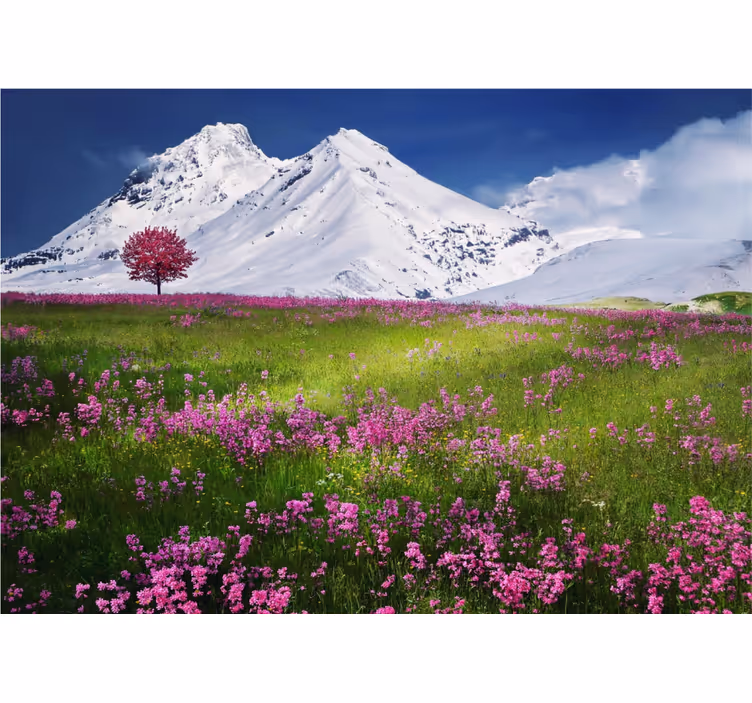 Tapisserie nature les montagnes enneigées fleurissent - TenStickers