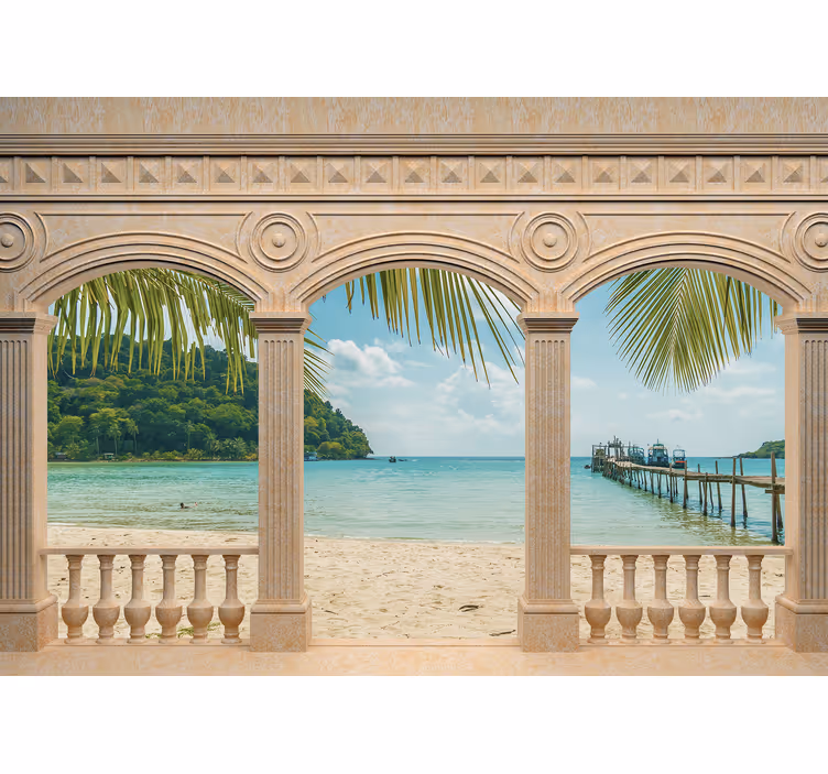Papier peint 3D Arcs grecs avec vue sur la mer - TenStickers