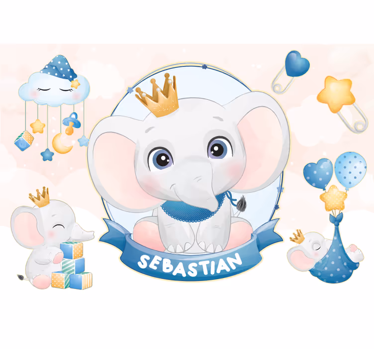 Papier peint chambre bébé éléphant mignon pour garçon avec nom - TenStickers