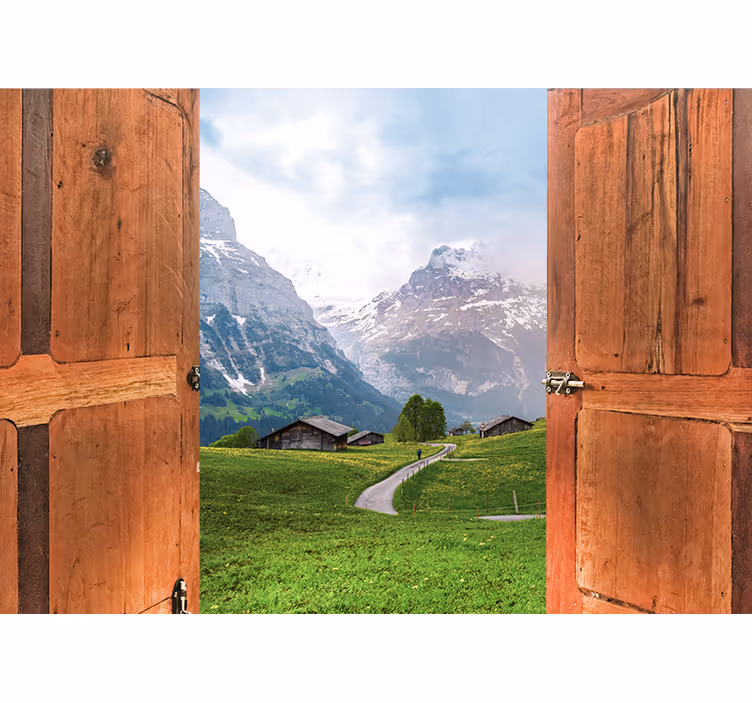 Papier peint montagneFenêtre et porte de cabine - TenStickers