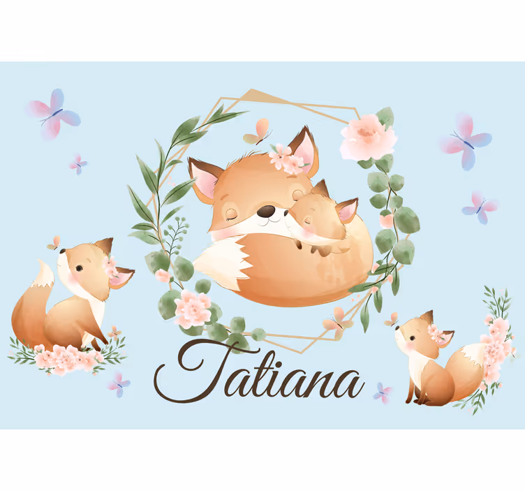 Tapisserie chambre enfant jolie famille de renards avec nom - TenStickers