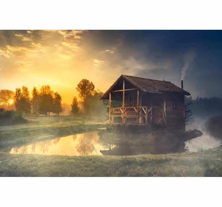 Tapisserie paysage cabane sereine au coucher de soleil - TenStickers