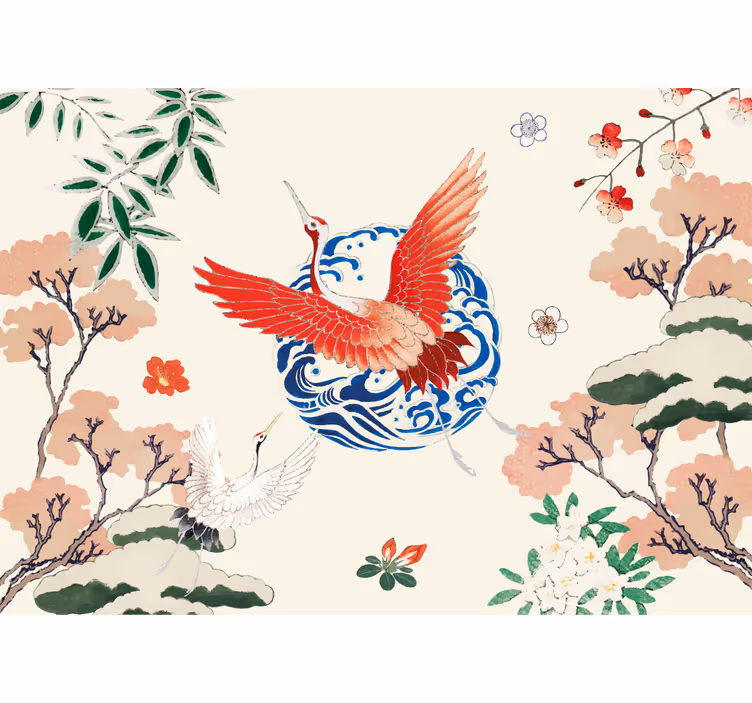 Papier peint vintage Oiseau zen asiatique peint - TenStickers