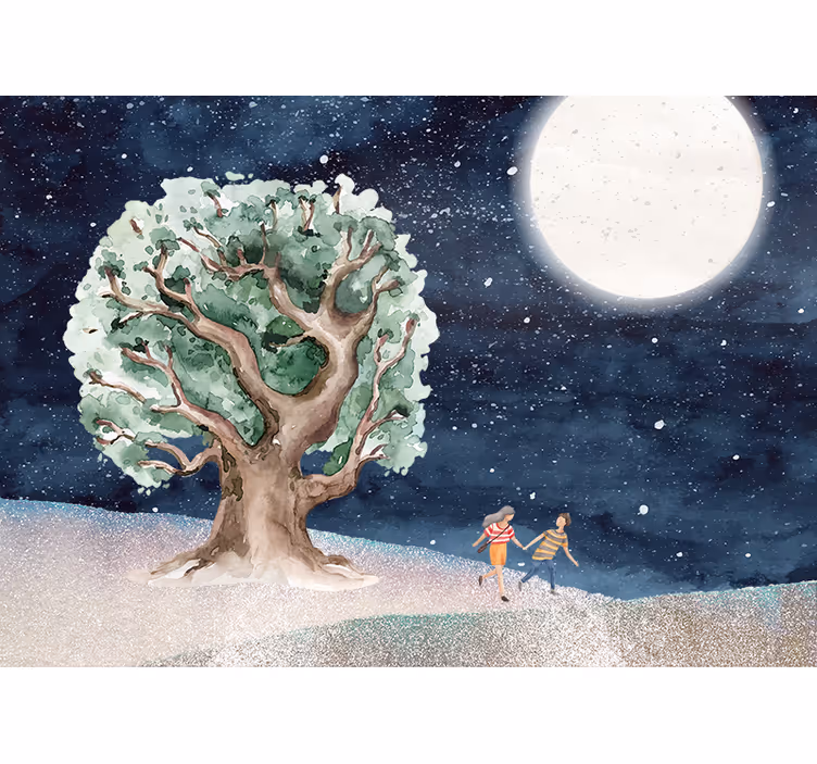 Tapisserie nature aventure sous l'arbre au clair de lune - TenStickers