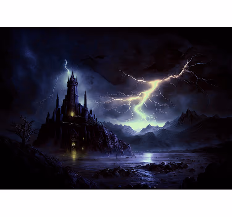 Tapisserie murale fantaisie château sombre et tempête - TenStickers