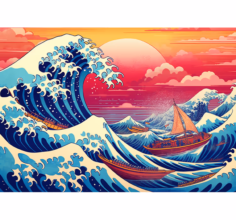 Tapisserie murale art classique couleurs saturées de vagues japon - TenStickers