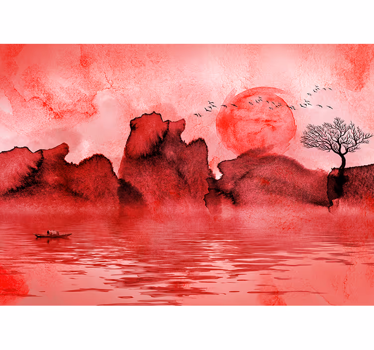 Tapisserie murale rouge paysage à l'encre de chine - TenStickers