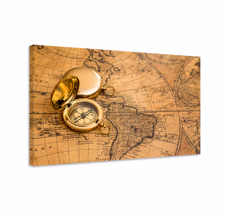 Tableau carte du monde boussole et carte anciennes - TenStickers