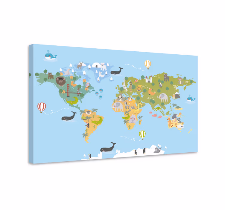 Tableau carte du monde carte des animaux fantaisie - TenStickers