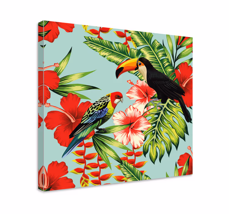 Tableau oiseaux Fleurs rouges tropicales - TenStickers
