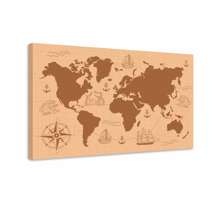 Tableau carte du monde Marron avec boussole - TenStickers