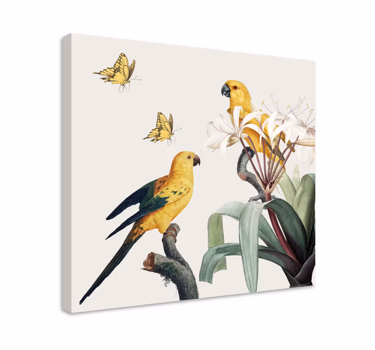 Tableau fleurs et plantes perroquets jaunes et papillons - TenStickers
