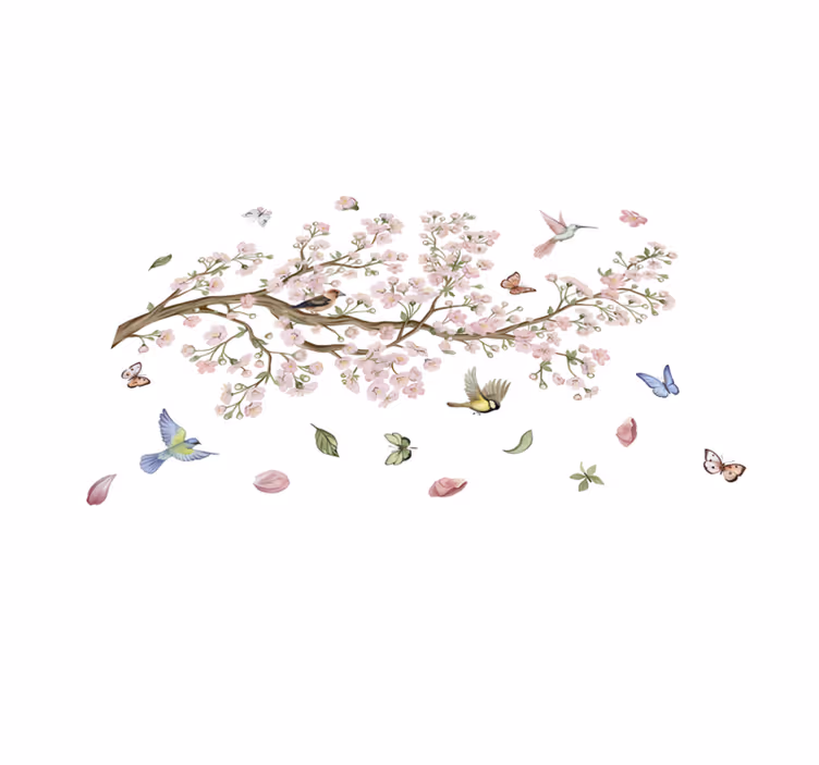 Tapis vinyle plantes fleurs de cerisier et oiseaux - TenStickers