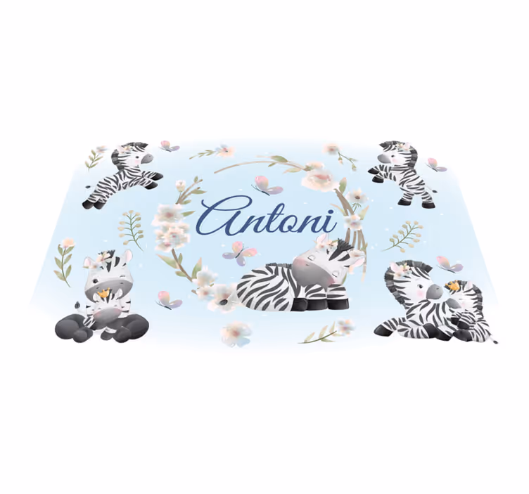 Tapis vinyle animal bébés zèbres avec prénom - TenStickers