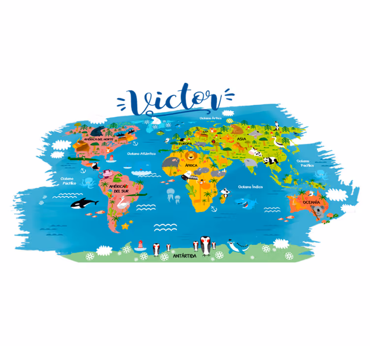 Tapis vinyle carte du monde animaux avec noms espagnols - TenStickers