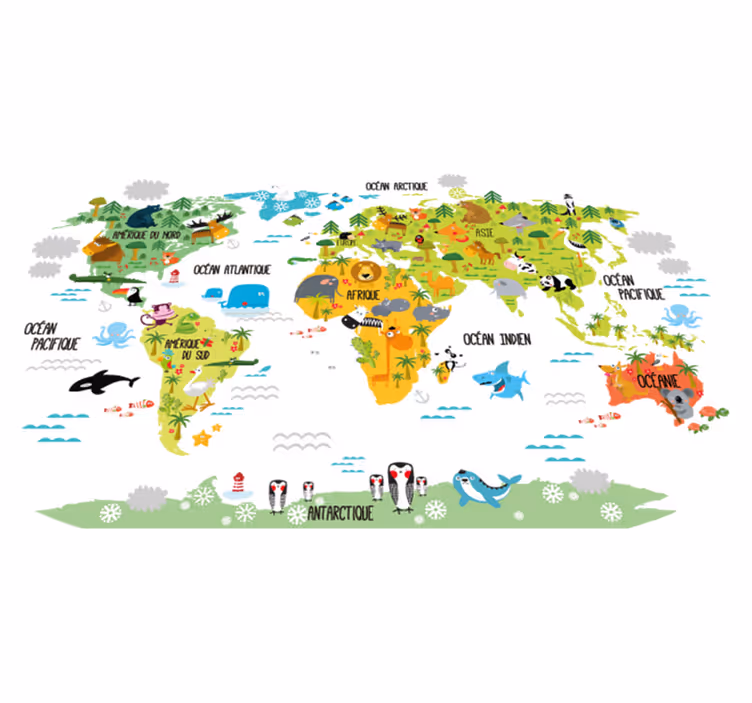 Tapis vinyle carte du monde animaux pour enfants - TenStickers