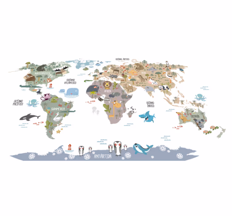 Tapis vinyle carte du monde animaux tons pastel - TenStickers