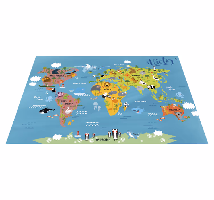 Tapis vinyle pour enfants carte du monde avec des animaux - TenStickers
