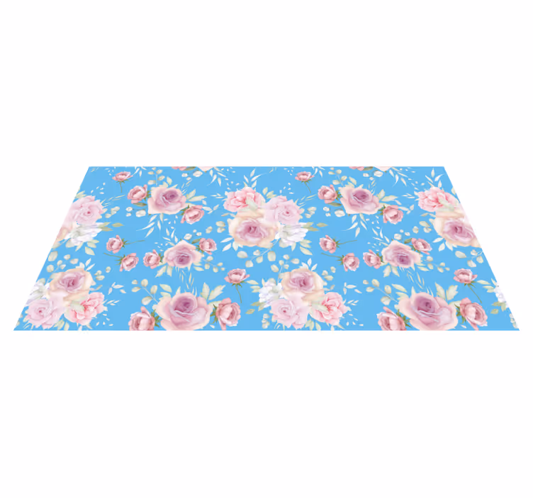 Tapis vinyle plantes fleurs de rose sur fond bleu - TenStickers
