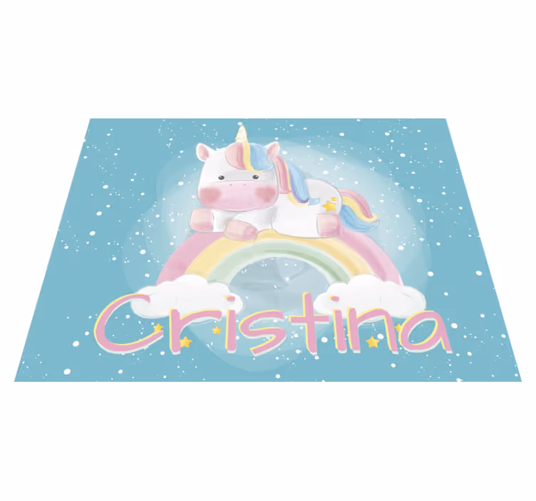 Tapis vinyle avec nom dessin de licorne sur arc-en-ciel - TenStickers