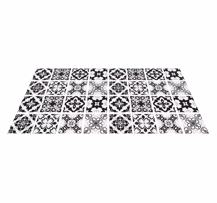 Tapis vinyle carreaux de ciment noir et blanc hydraulique - TenStickers