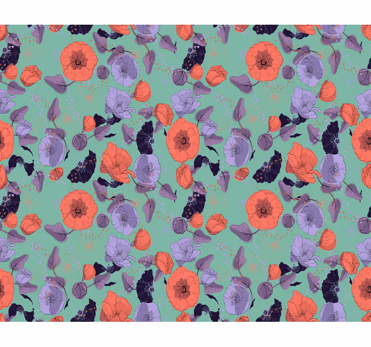 Papier peint floral coquelicots bleus et rouges - TenStickers