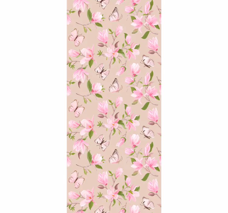 Papier peint fleurs design magnolia rose et papillon - TenStickers