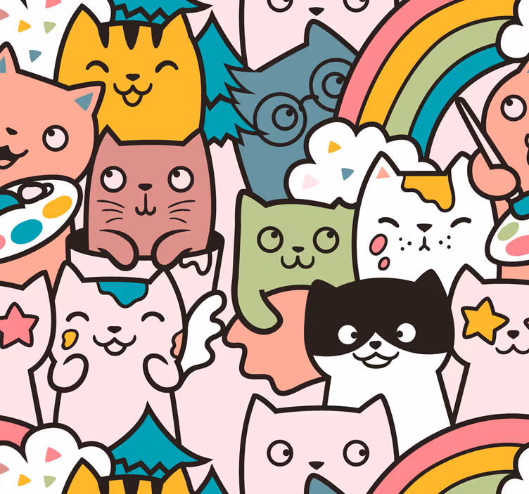 Papier peint chambre motif chat doodle pastel - TenStickers