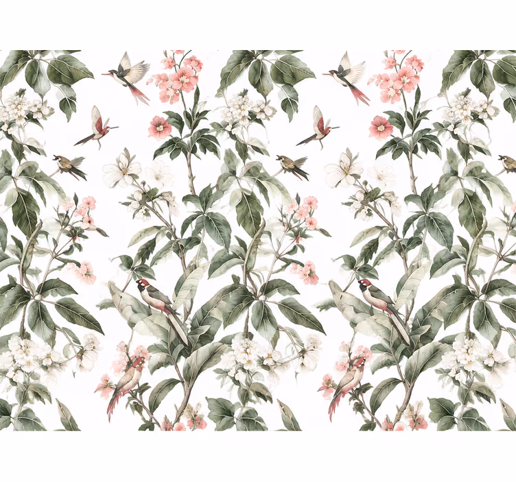 Papier peint feuilles fleurs roses et blanches - TenStickers