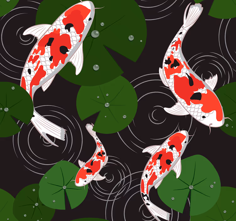 Papier peint poissons paysage d'étang à carpes koï - TenStickers