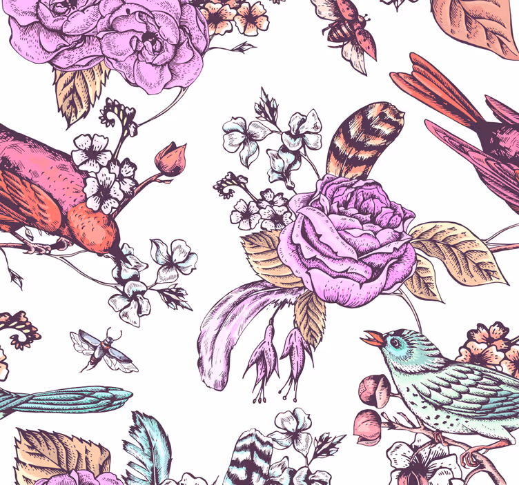 Papier peint Fleur rose vif avec des oiseaux  - TenStickers