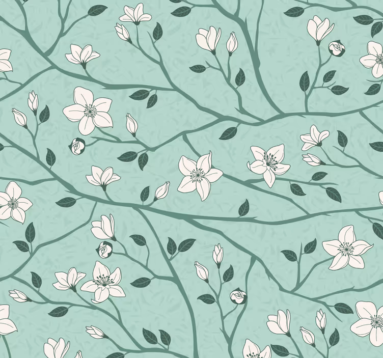 Papier peint vert branches fleuries - TenStickers