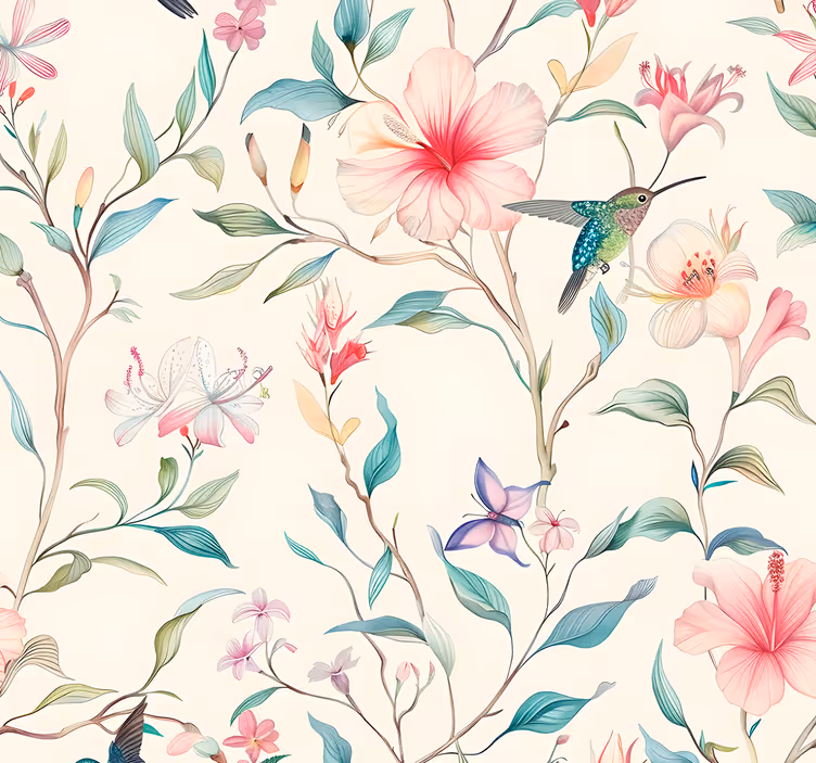 Papier peint fleurs motif floral et d'oiseaux-mouches - TenStickers